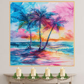 Rainbow Palm Trees by Ocean Sunset Watercolor Painting with Vibrant Sky and Tropical Coastal Beach Scenery on Ready to Hang 1.5" Thick Canvas Wrap, Floating Framed Canvas, Flat Rolled Canvas